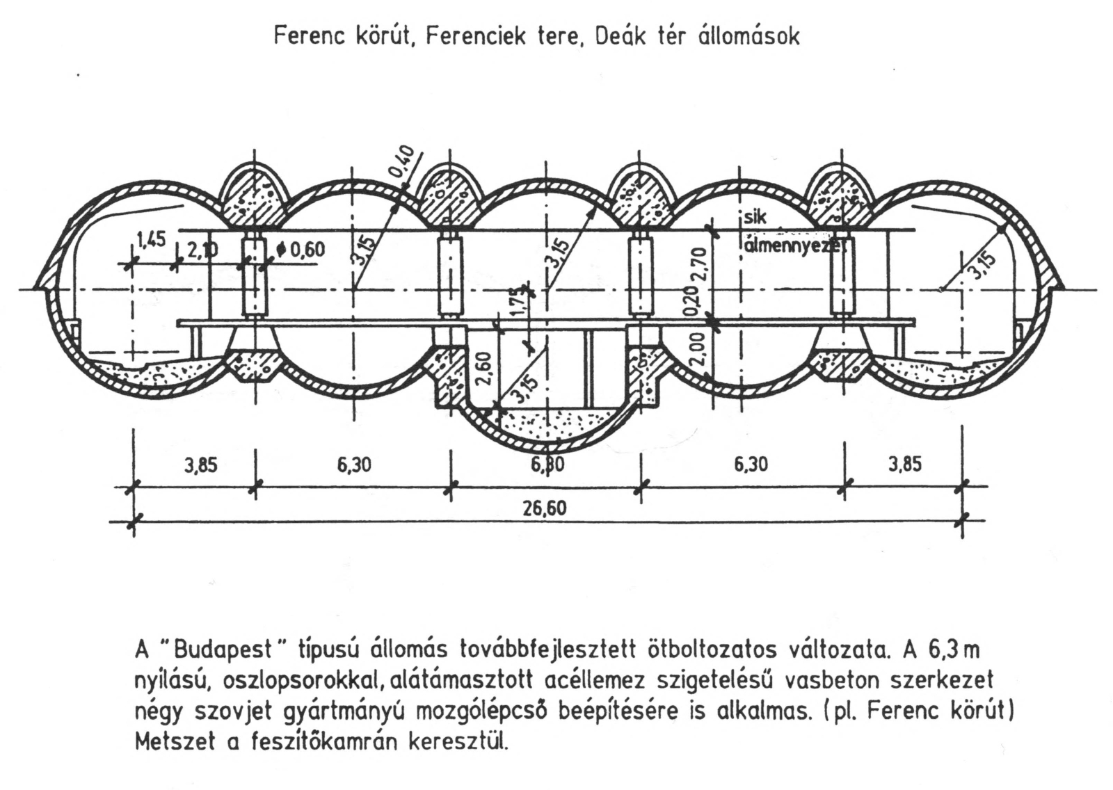 Budapest, M3 metró, Deák Ferenc tér, keresztmetszet