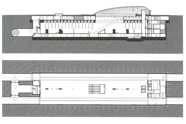 Budapest, M4 metró, Bikás park, hosszmetszet, alaprajz, bélyegkép
