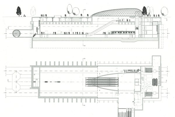 Budapest, M4 metró, Bikás park, hosszmetszet, alaprajz, bélyegkép