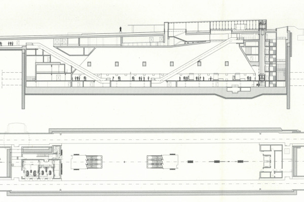 Budapest, M4 metró, Móricz Zsigmond körtér, hosszmetszet, alaprajz, keresztmetszet, bélyegkép