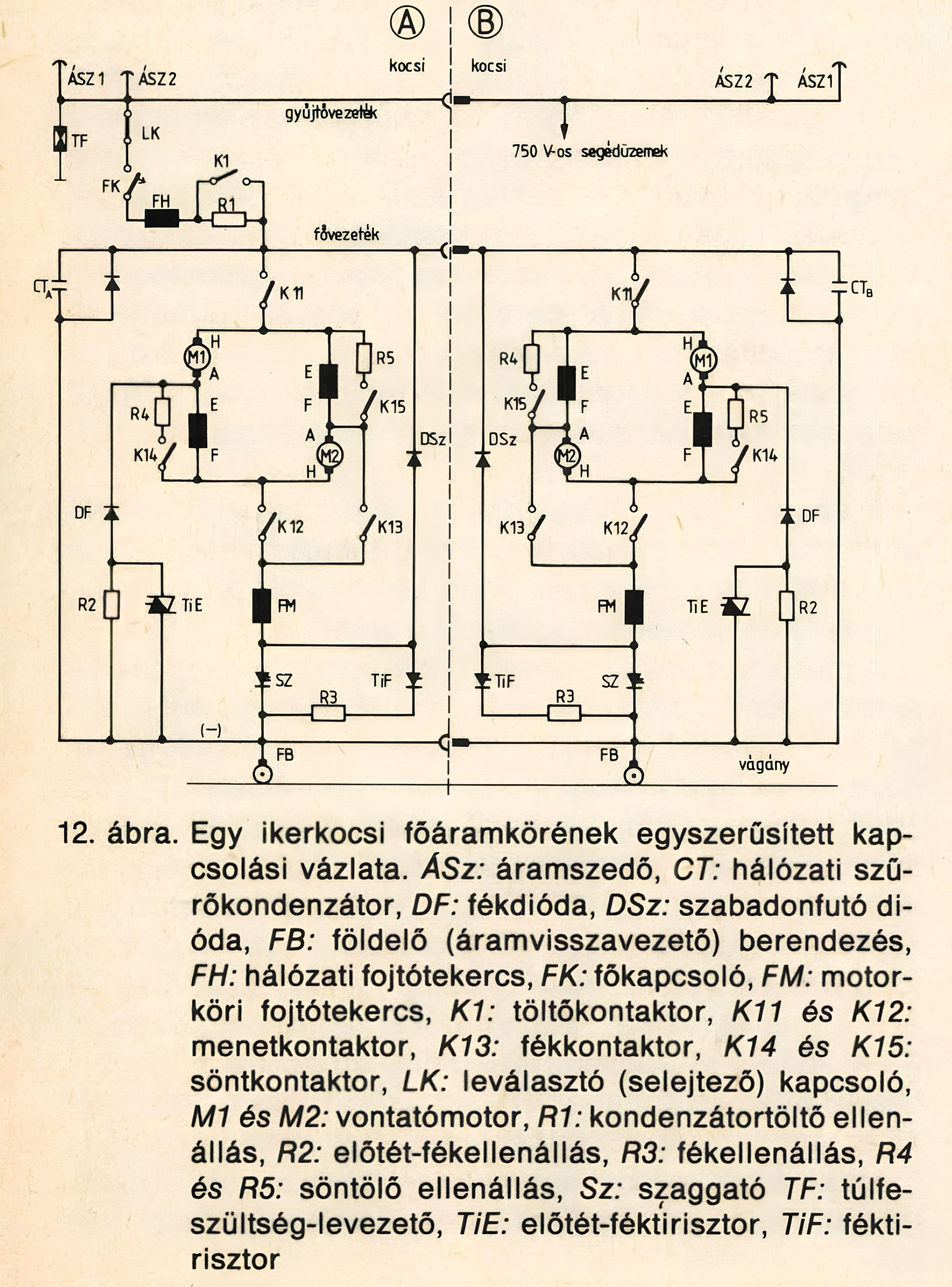 Budapest, Ganz-Hunslet G2, prototípus metró jármű, egy ikerkocsi egyszerűsített kapcsolási vázlata
