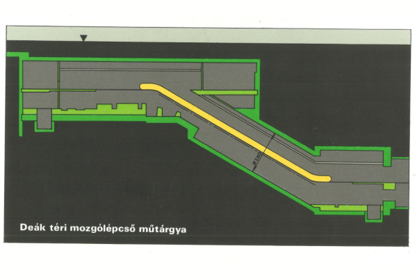 Budapest, M3 metró, Deák Ferenc tér, mozgólépcső alagút műtárgy, hosszmetszet, bélyegkép
