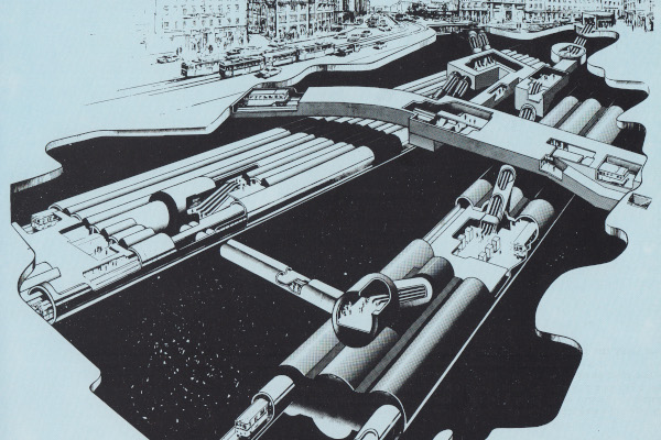 Budapest, M2 metró, Deák Ferenc tér, perspektív kép, Sípőczy Lajos, bélyegkép