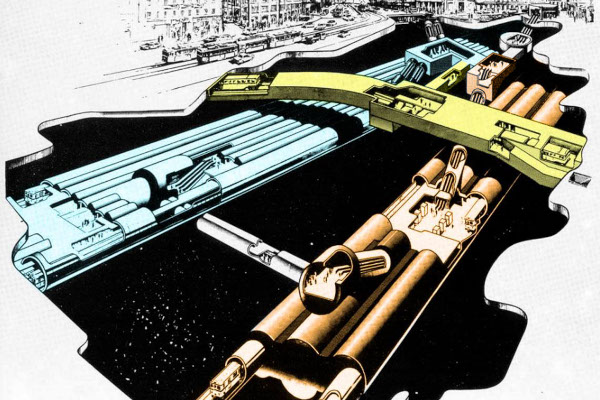 Budapest, M2 metró, Deák Ferenc tér, perspektív kép, Sípőczy Lajos, bélyegkép