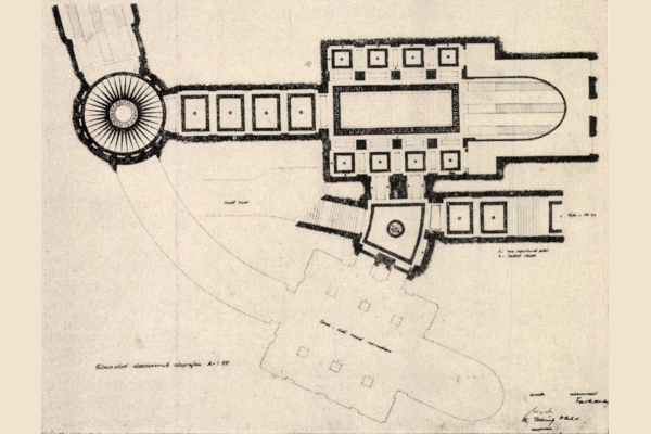 Budapest, M2 metró, Deák Ferenc tér, Magyar Építőművészet, felszín alatti elosztócsarnok alaprajza, bélyegkép