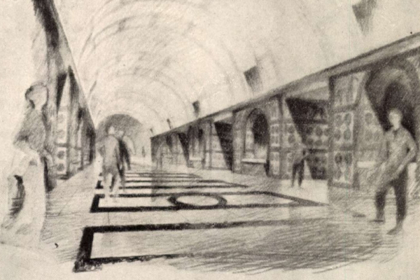 Budapest, M2 metró, Deák Ferenc tér, Magyar Építőművészet, látványterv, bélyegkép