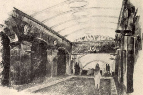 Budapest, M2 metró, Deák Ferenc tér, Magyar Építőművészet, látványterv, bélyegkép