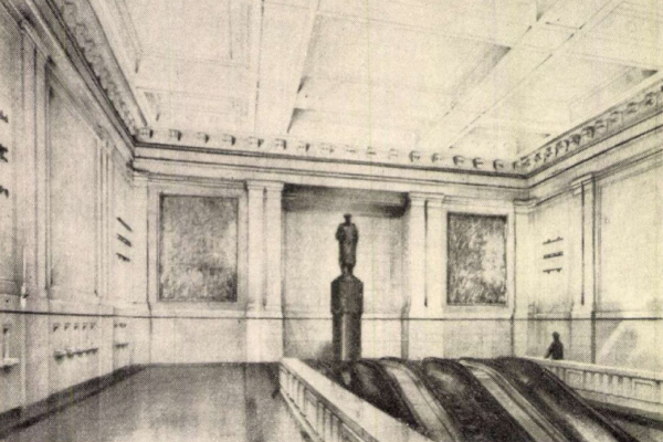 Budapest, M2 metró, Deák Ferenc tér, Magyar Építőművészet, látványterv, bélyegkép