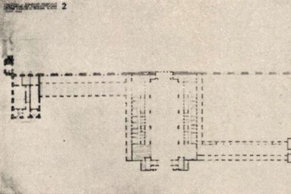 Budapest, M2 metró, Keleti pályaudvar, Magyar Építőművészet, felszíni csarnok alaprajza, bélyegkép