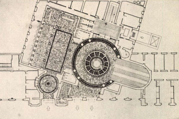 Budapest, M2 metró, Kossuth Lajos tér, Magyar Építőművészet, felszíni csarnok alaprajza, bélyegkép