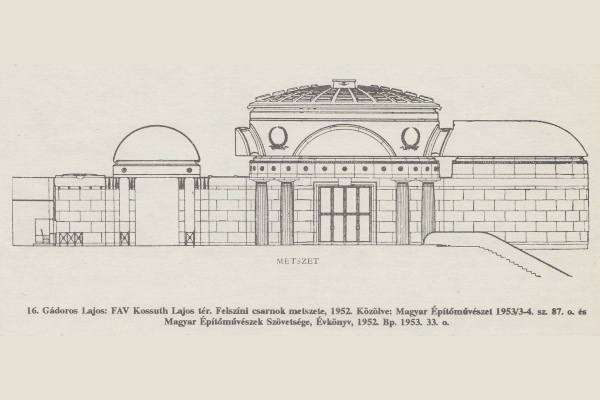 Budapest, M2 metró, Keleti pályaudvar, Pavilon 1991, felszíni csarnok hosszmetszete, bélyegkép