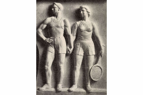 Budapest, M2 metró, Puskás Ferenc stadion, Magyar Építőművészet, szocreál szobor, bélyegkép