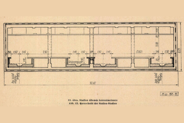 Budapest, M2 metró, Puskás Ferenc stadion, keresztmetszet, bélyegkép