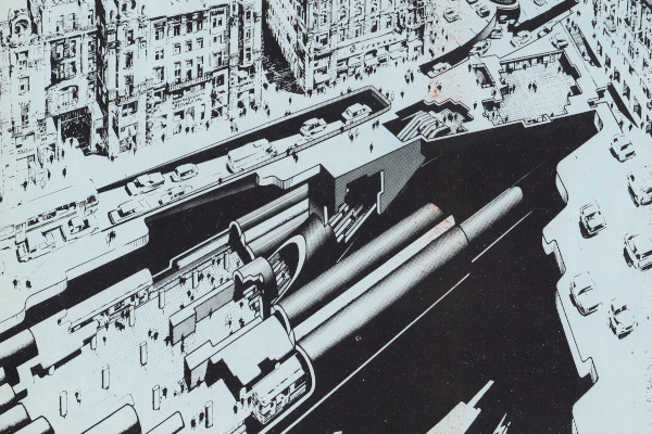 Budapest, M3 metró, Ferenciek tere, perspektív kép, Sípőczy Lajos, bélyegkép