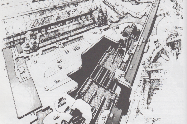 Budapest, M3 metró, Nyugati pályaudvar, perspektív kép, Sípőczy Lajos, bélyegkép