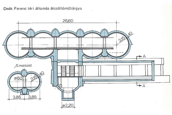 Budapest, M3 metró, Deák Ferenc tér, M2-M3 metró, átszállás, keresztmetszet, bélyegkép